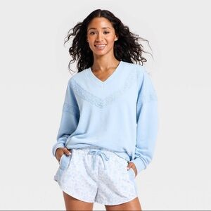 Women's Crochet Trim V-Neck Sweatshirt - JoyLab™ Blue M